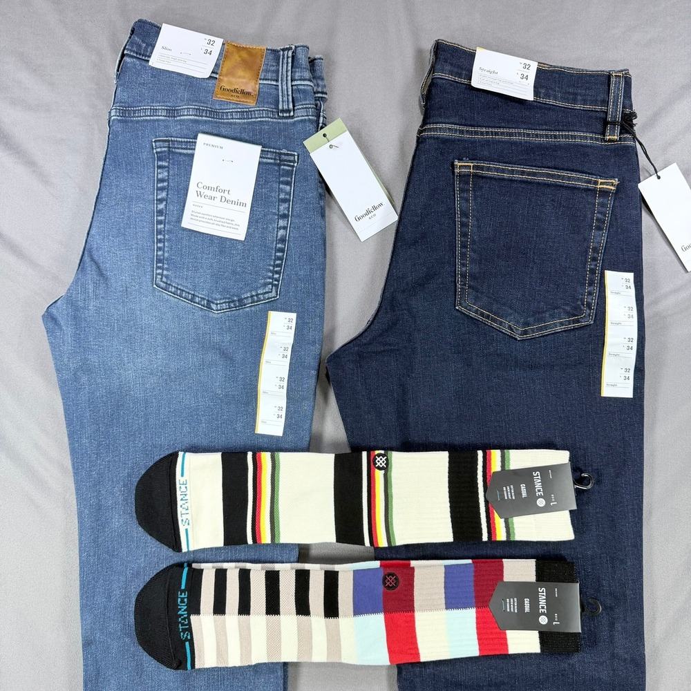 Bundle Goodfellow Mens 32x34 Blue Cotton Denim Jeans Stance Crew Socks 4pc Set